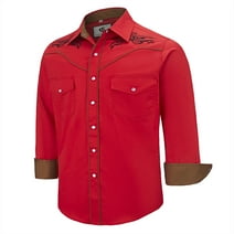 COEVALS CLUB Men's Western Cowboy Embroidered Shirts Long Sleeve Pearl Snap Dress Button up Cotton Shirts P1-4 Red X-Large