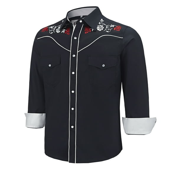 COEVALS CLUB Men's Western Cowboy Embroidered Shirts Long Sleeve Pearl Snap Dress Button up Cotton Shirts P2-1 Black Small