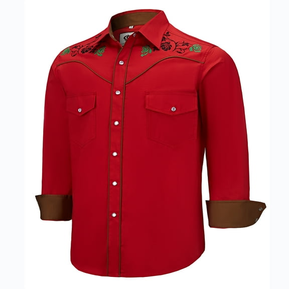 COEVALS CLUB Men's Western Cowboy Embroidered Shirts Long Sleeve Pearl Snap Dress Button up Cotton Shirts P2-4 Red XX-Large