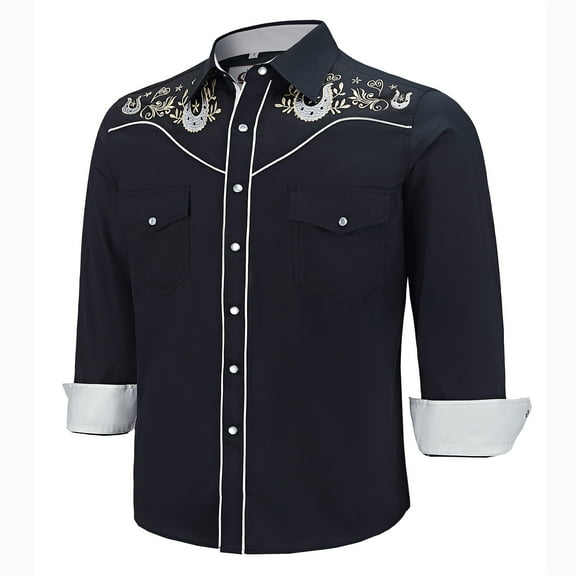 COEVALS CLUB Men's Western Cowboy Embroidered Shirts Long Sleeve Pearl Snap Dress Button up Cotton Shirts P3-1 Black X-Large