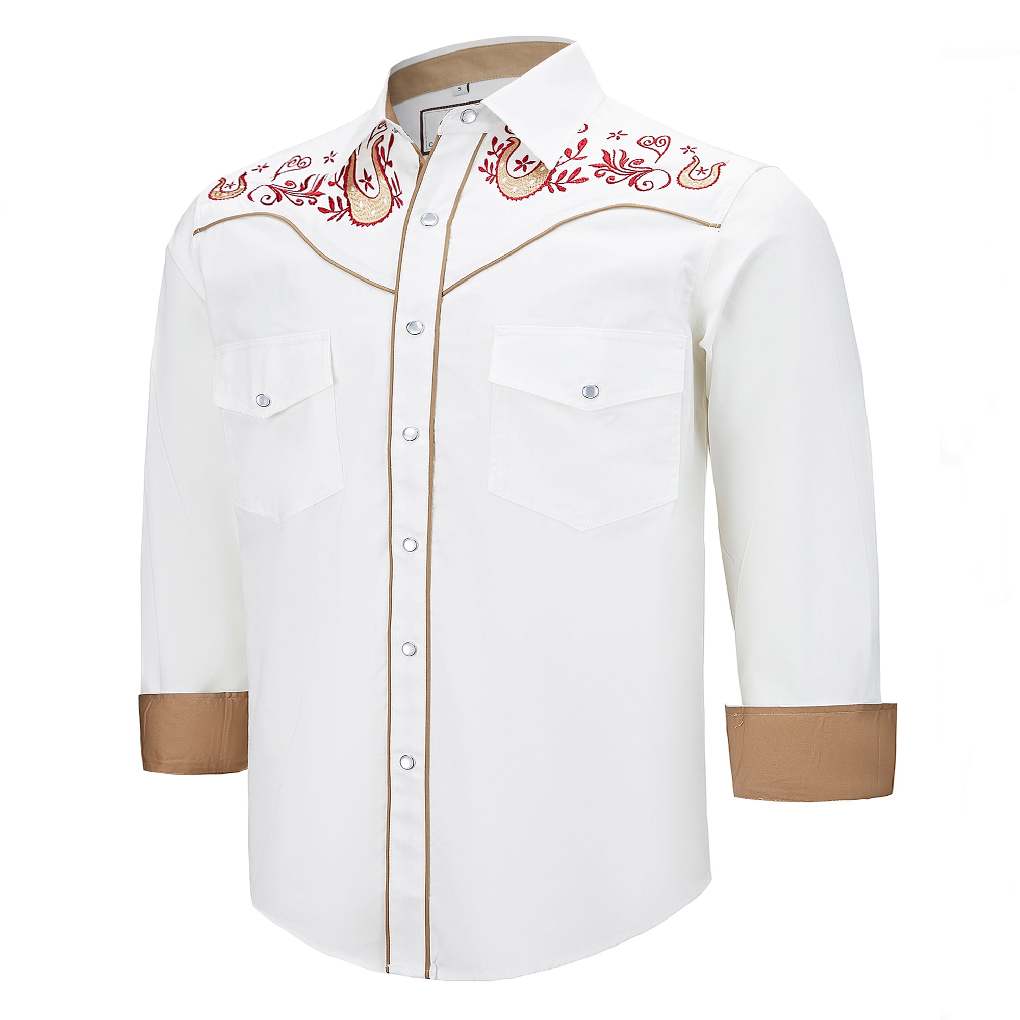 COEVALS CLUB Men's Western Cowboy Embroidered Shirts Long Sleeve Pearl