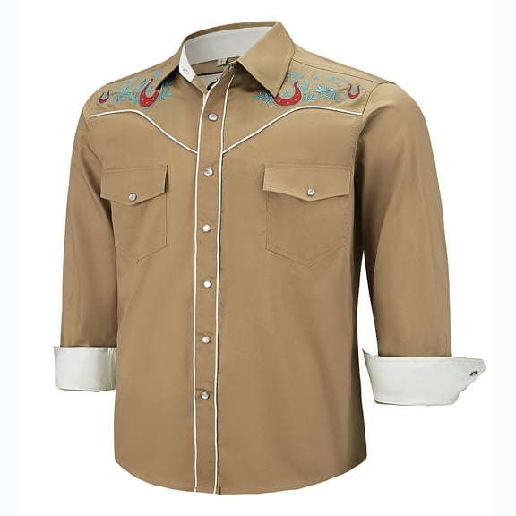 COEVALS CLUB Men's Western Cowboy Embroidered Shirts Long Sleeve Pearl Snap Dress Button up Cotton Shirts P3-3 Brown XX-Large