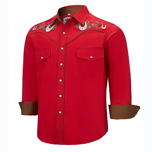 COEVALS CLUB Men's Western Cowboy Embroidered Shirts Long Sleeve Pearl Snap Dress Button up Cotton Shirts P3-4 Red Large