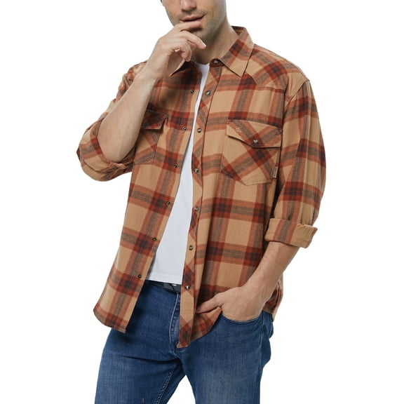 COEVALS CLUB Mens Flannel Long Sleeve Shirts Corduroy Lined Snap Button Up Cotton Western Plaid Shirts (Brown Plaid/L 4#)