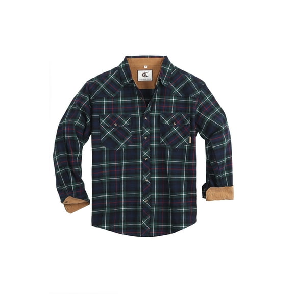 COEVALS CLUB Mens Flannel Long Sleeve Shirts Corduroy Lined Snap Button Up Cotton Western Plaid Shirts (Dark Green, Black/L 11#)