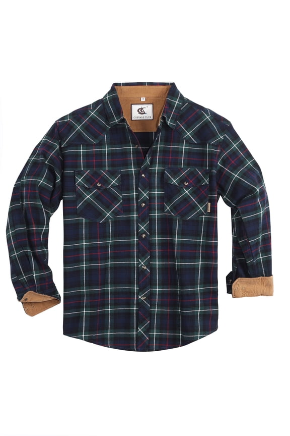 Mens Flannel Long Sleeve Shirts Corduroy Lined Snap Button Up Cotton Western Plaid Shirts (Dark Green, Black/M 11#)