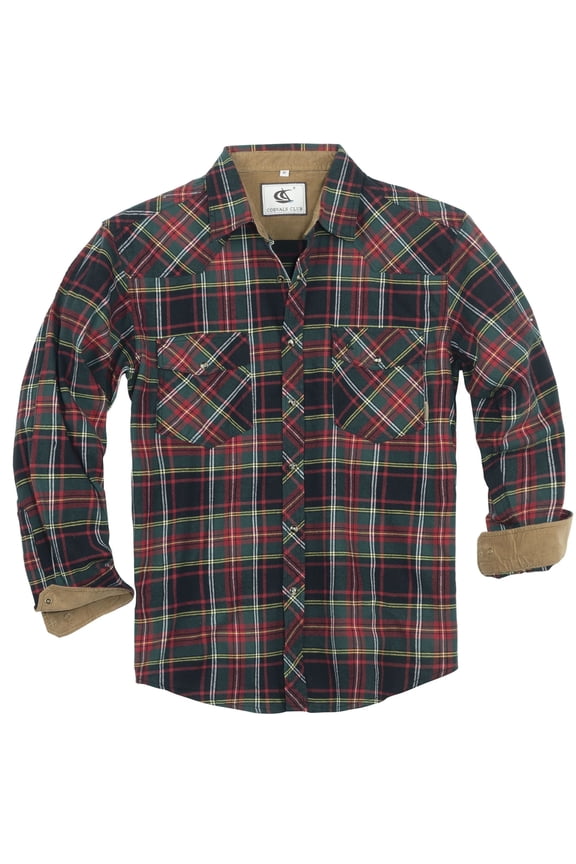 Mens Flannel Long Sleeve Shirts Corduroy Lined Snap Button Up Cotton Western Plaid Shirts (Dark Green/L 14#)