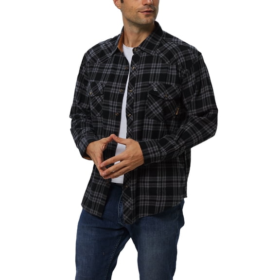 COEVALS CLUB Mens Flannel Long Sleeve Shirts Corduroy Lined Snap Button Up Cotton Western Plaid Shirts (Gray, Black/L 9#)
