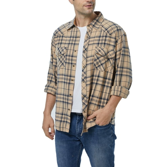 COEVALS CLUB Mens Flannel Long Sleeve Shirts Corduroy Lined Snap Button Up Cotton Western Plaid Shirts (Khaki, Navy/S 5#)