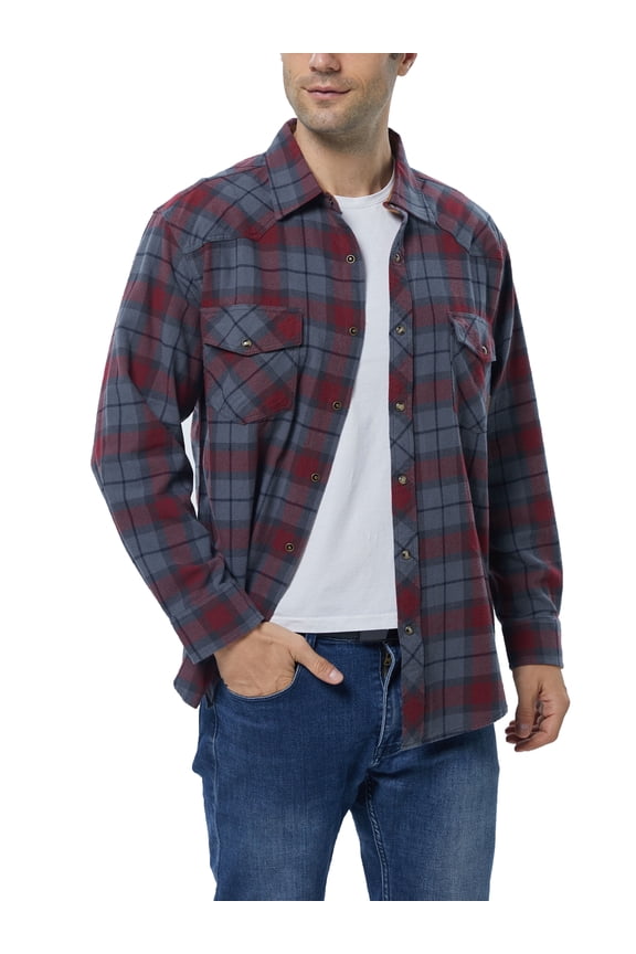Mens Flannel Long Sleeve Shirts Corduroy Lined Snap Button Up Cotton Western Plaid Shirts (Merlot, Gray/XXL 8#)