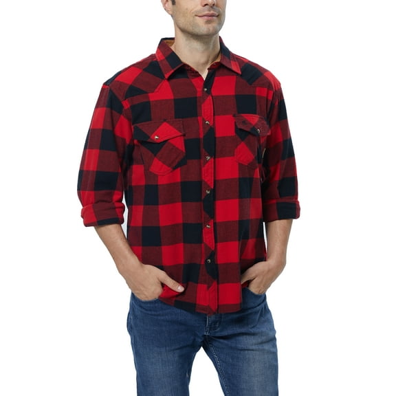 COEVALS CLUB Mens Flannel Long Sleeve Shirts Corduroy Lined Snap Button Up Cotton Western Plaid Shirts (Red, Black/S 1#)