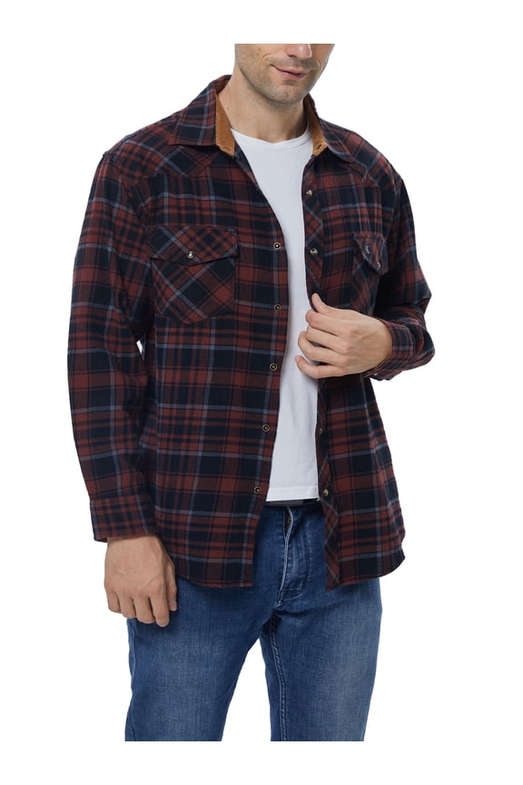 Mens Flannel Long Sleeve Shirts Corduroy Lined Snap Button Up Cotton Western Plaid Shirts (Russet Brown, Black/4XL 6#)