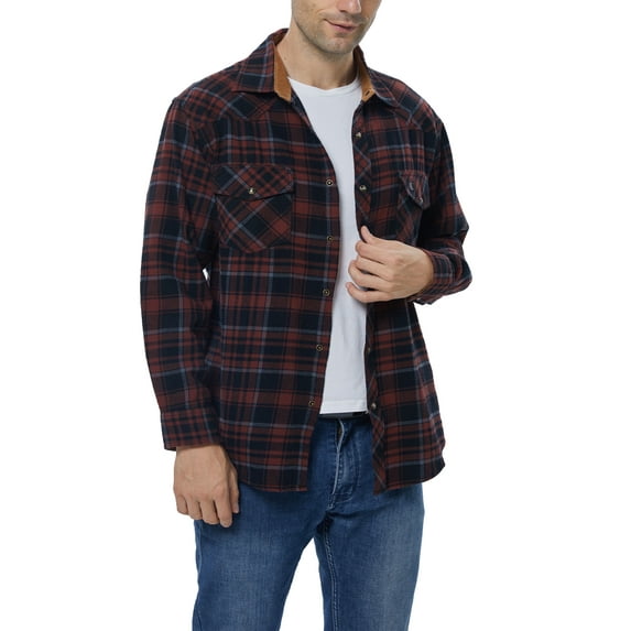 COEVALS CLUB Mens Flannel Long Sleeve Shirts Corduroy Lined Snap Button Up Cotton Western Plaid Shirts (Russet Brown, Black/L 6#)