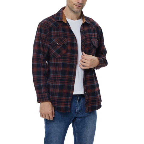 COEVALS CLUB Mens Flannel Long Sleeve Shirts Corduroy Lined Snap Button Up Cotton Western Plaid Shirts (Russet Brown, Black/XL 6#)