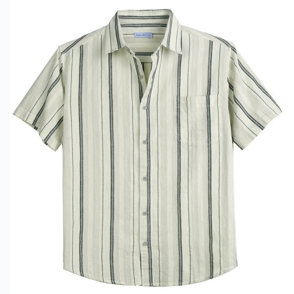 COEVALS Club Men's Linen Shirts Summer Beach Casual Button-down Short Sleeve Shirt Black Beige 08 Small