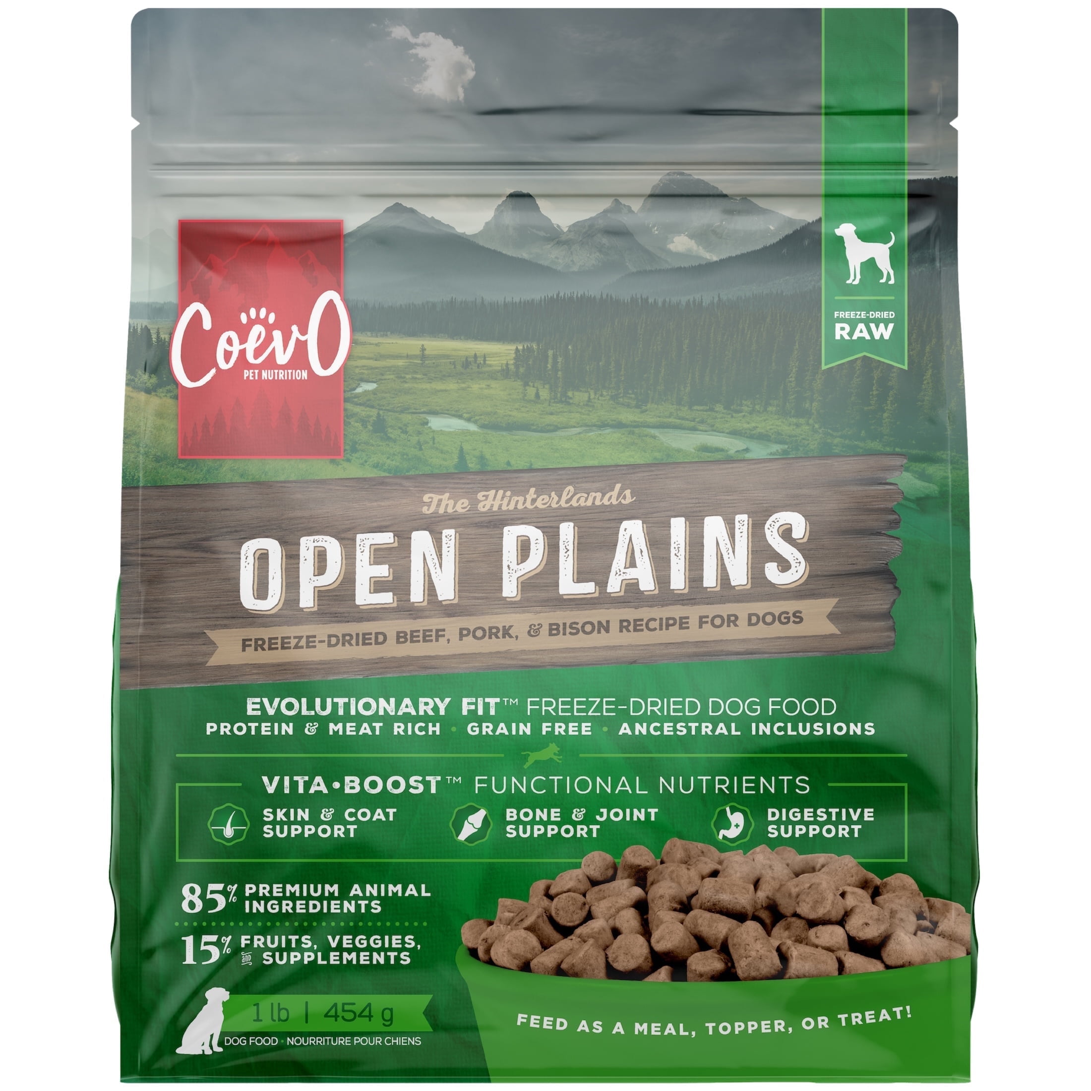 COEVO | Freeze-Dried Raw Open Plains Beef, Pork, & Bison Recipe for Dogs • 1lb / 454g | Skin & Coat, Bone & Joint, and Digestive Support | High Protein Grain Free Dry Dog Food