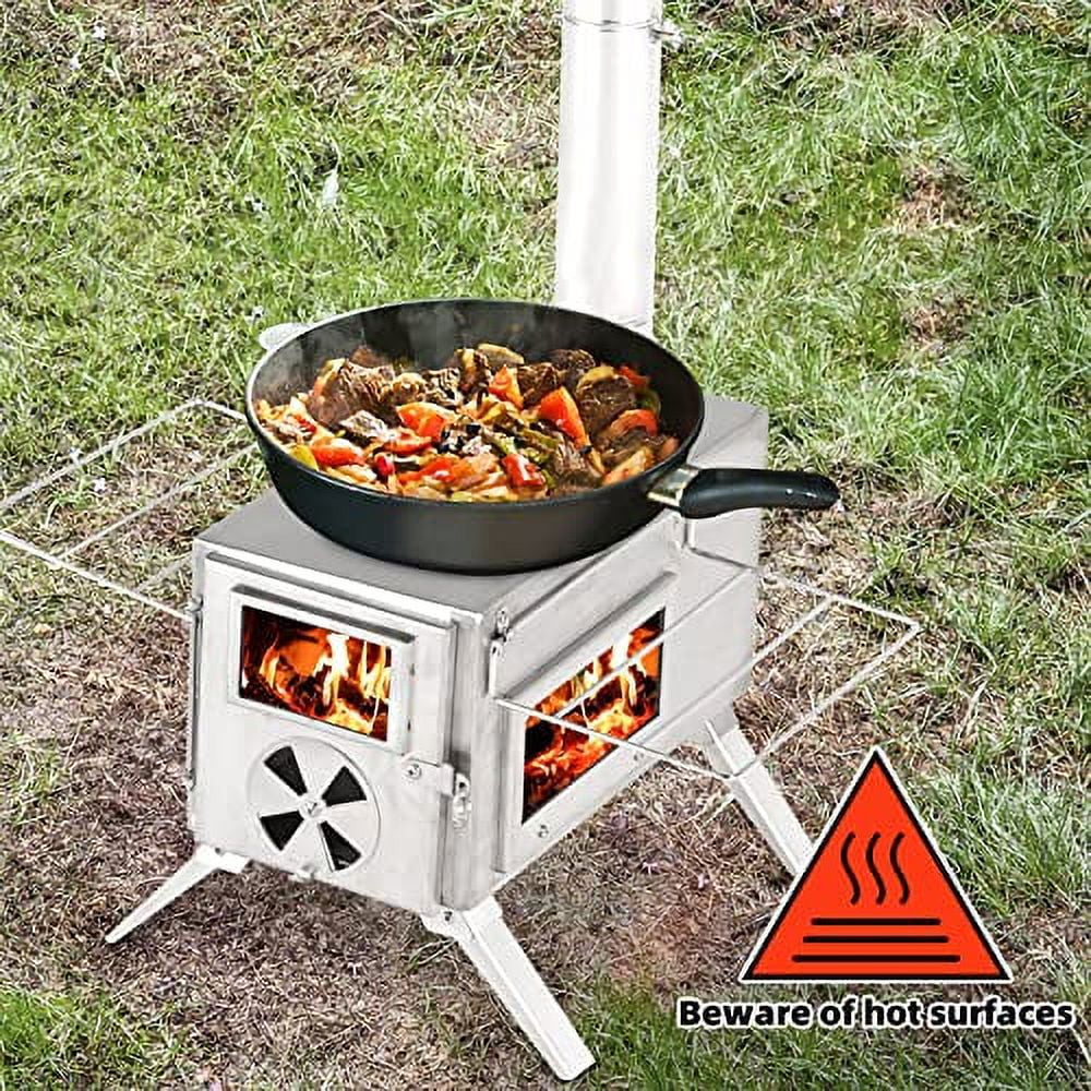 COEWSKE Camping Tent Stove Portable Wood Burning Stove with Window and 6 Chimney Pipe Side Racks 2 Grates for Tent Shelter and Cooking Heating Silver Walmart