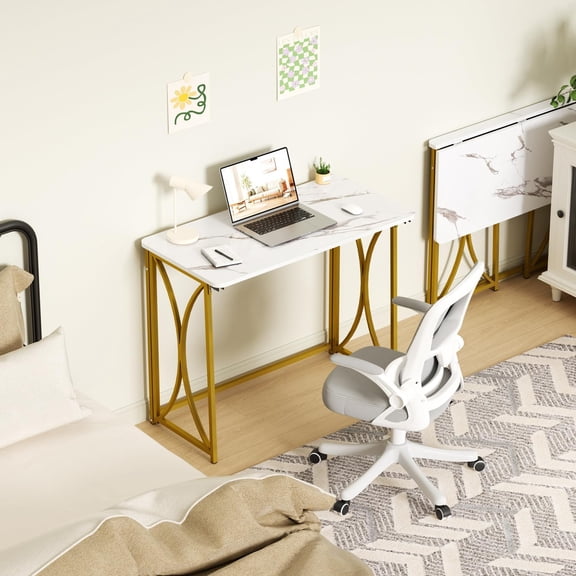 COEZTT Folding Desk, 31.5" Small Computer Desk for Bedroom Home Office Space Saving Easy Assembly White and Gold