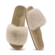 COFACE Women House Slippers, Open Toe Fur Ladies Sandals , Arch Support Footbed Indoor Outdoor Rubber Sole Beige Size 11