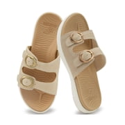 COFACE Women Slides Orthotic Arch Support Flat Sandals With Adjustable Straps Comfort Soft Cushion Yoga Mat Slip on Rubber Sole Beige Size 9