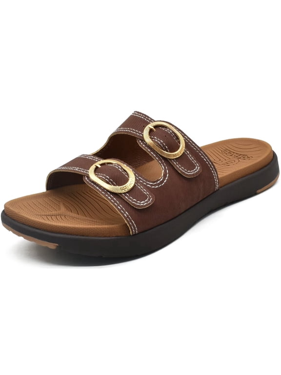 Women Slides Orthotic Arch Support Flat Sandals With Adjustable Straps Comfort Soft Cushion Yoga Mat Slip on Rubber Sole Brown Size 8.5