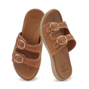 COFACE Women Slides Orthotic Arch Support Flat Sandals With Adjustable Straps Comfort Soft Cushion Yoga Mat Slip on Rubber Sole Tan Size 7.5
