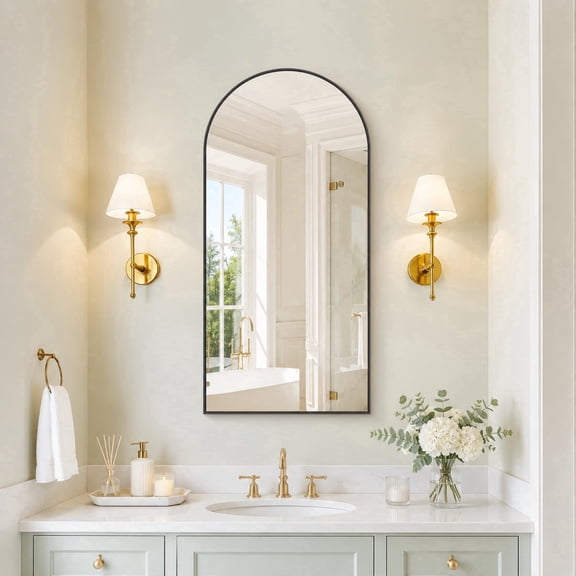 COFENY Arched Bathroom Mirror, 18x36 inch Black with Frame for Vanity and Entryway