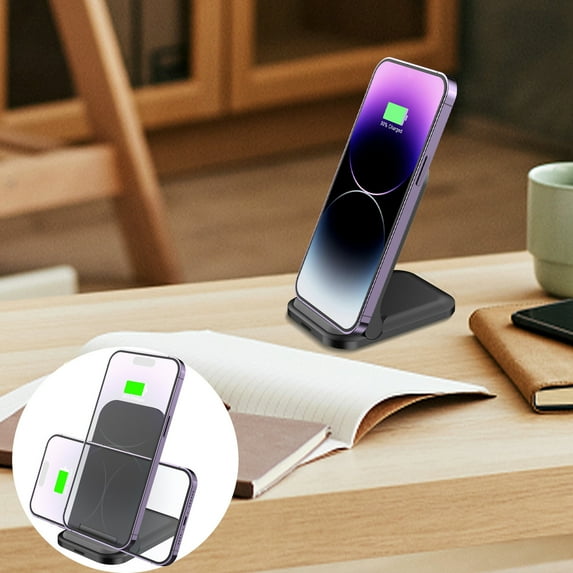 COFEST 15W Vertical Wireless Charger for iOS and Android, Foldable Fast Charging Mobile Phone Stand, Dual-Coil Portable Wireless Charging Station Black