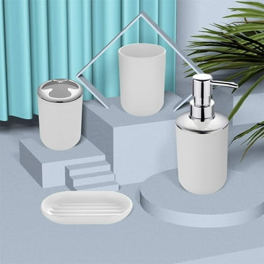 COFEST 4 Piece Bathroom Accessory Set with Soap Dispenser Pump， Toothbrush Holder， Tumbler and Soap Dish White