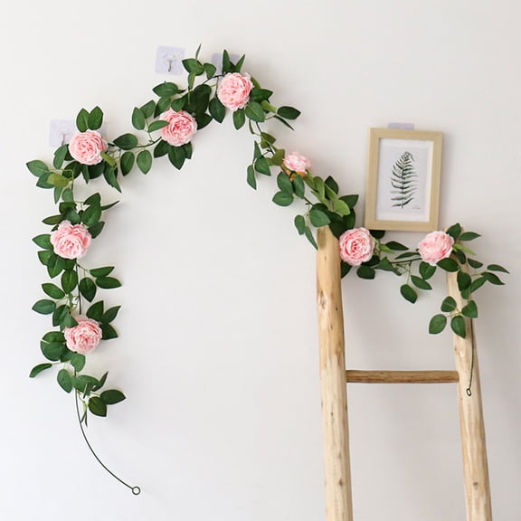 COFEST 6.56Ft Artificial Pink Rose Garland for Weddings, Floral Vine Table Runner with Silk Roses, Festive Decor Fake Flower Leaf Garland Pink