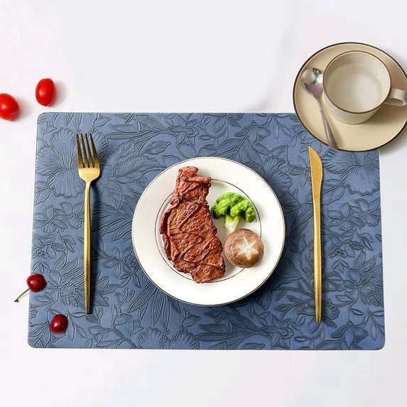 COFEST Brown Leather Placemats with European Floral Pattern, Washable and Heat-Resistant Table Pads, Non-Slip, Easy-to-Clean Steak Dish Pads Dark Blue