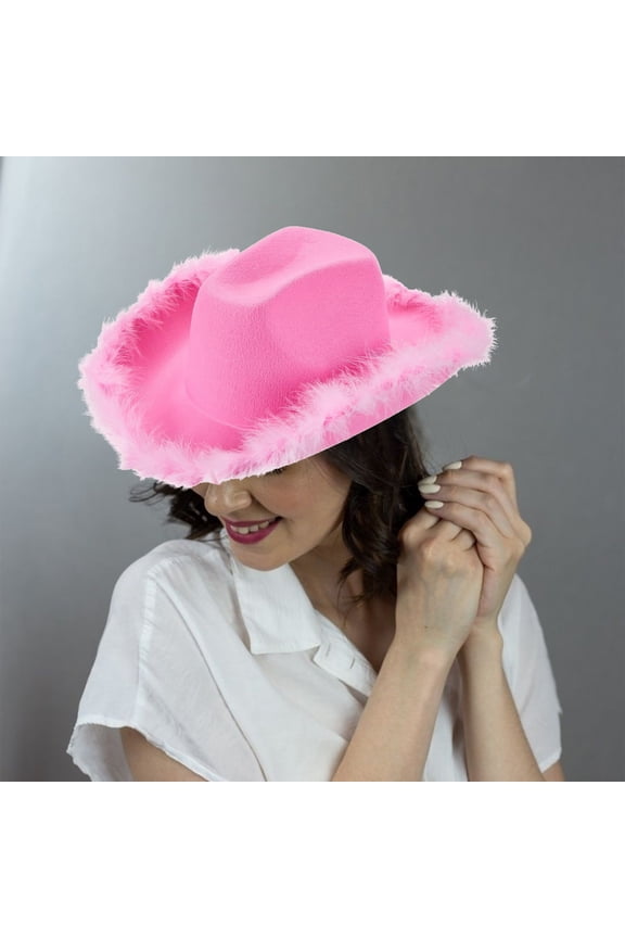 Festive Faux-Feather Cowboy Hat - Unisex Party Dress Up Accessory with Adjustable Strap Pink