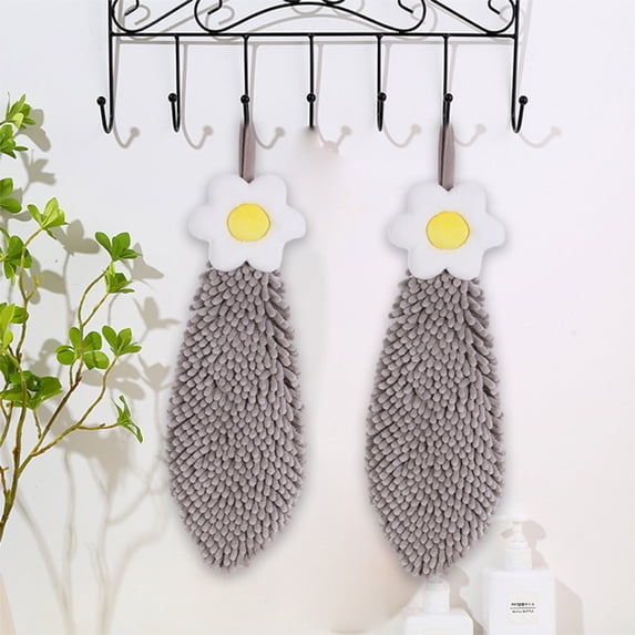 COFEST Flowers Chenille Hand Towel Cute Hanging Hand Wipe Ball Hand Towel Thickened Absorbent Hangable Multifunctional Hand Towel Gray