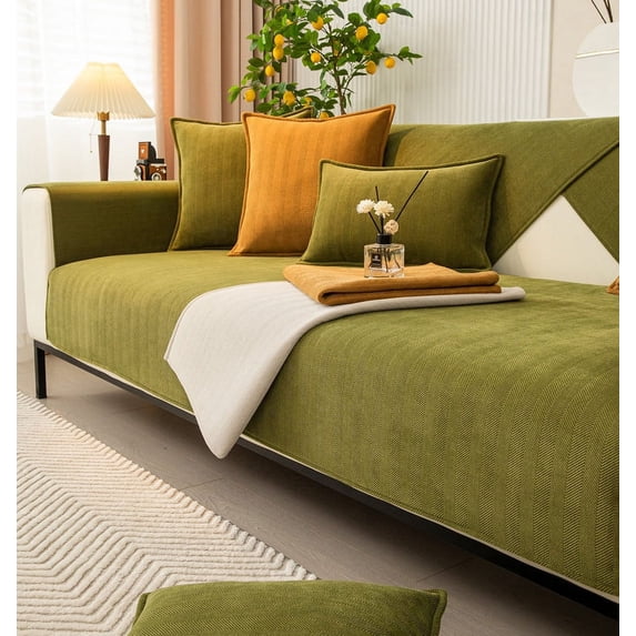 COFEST Herringbone Chenille Fabric Sofa Cover - Protects from Stains & Pet Damage, Machine Washable, Extends Sofa Life, Easy & Affordable Home Refresh Green