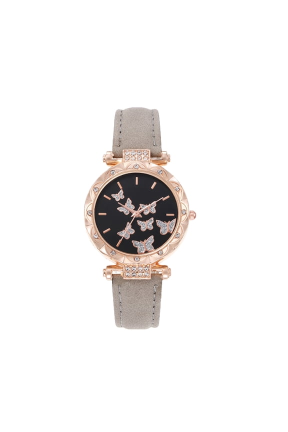 Home Decor,Womens Ladies Fashion Leather Wrist Watch Elegant Simple Butterfly with Floated Rhinestones Analog Quartz Dress Watch,Gray,
