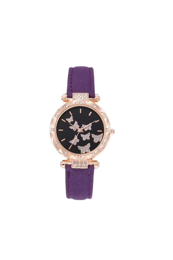 Home Decor,Womens Ladies Fashion Leather Wrist Watch Elegant Simple Butterfly with Floated Rhinestones Analog Quartz Dress Watch,Purple,