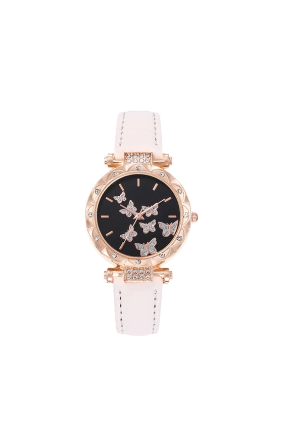 Home Decor,Womens Ladies Fashion Leather Wrist Watch Elegant Simple Butterfly with Floated Rhinestones Analog Quartz Dress Watch,White,