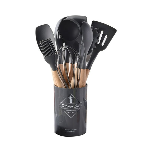 COFEST Kitchen Utensils & Gadgets,Wooden Handle Silicone Kitchenware Set 12 Piece Round Barrel Set Non Stick Pot Cooking Spoon Kitchen Tools Gray A