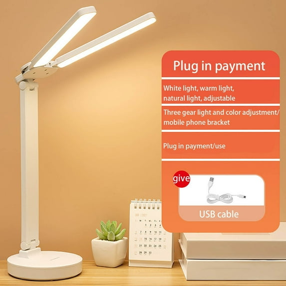 COFEST LED Eye-Protection Table Lamp with USB Charging, Adjustable Brightness Children's Desk Lamp, Touch Control LED Night Light with Phone Stand, Stepless Dimming LED Bedroom Lamp with USB Port A