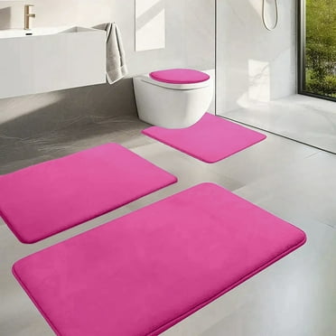 COFEST Memory Foam Bath Mat 4 Set Bathroom Rugs for 4 Pcs Toilet Mats Universal Soft Comfortable Water Absorption Non-Slip Thick Machine Washable Easier To Dry Dark Pink
