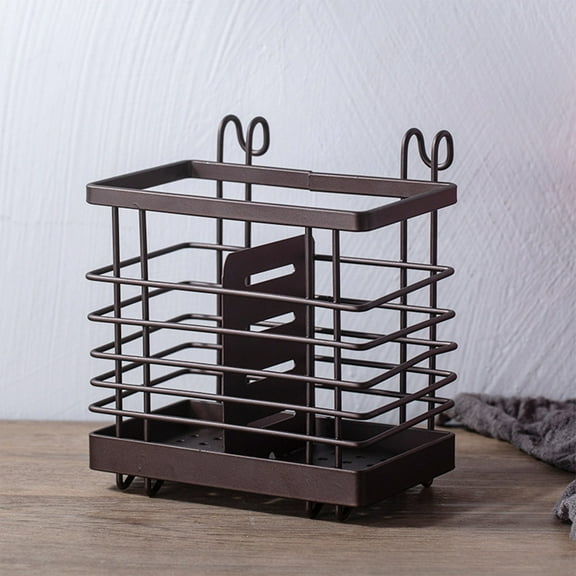 COFEST Metal Chopsticks Cage and Flatware Organizer, Brown Iron Table Utensil Stand with Drain, Kitchen Countertop Cutlery Drying Rack. Brown