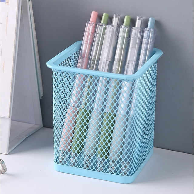 COFEST Metal Mesh Desk Organizer for Stationery, Stainless Steel Pen Holder with Large Opening, Colorful Desktop Storage Box for Students Blue