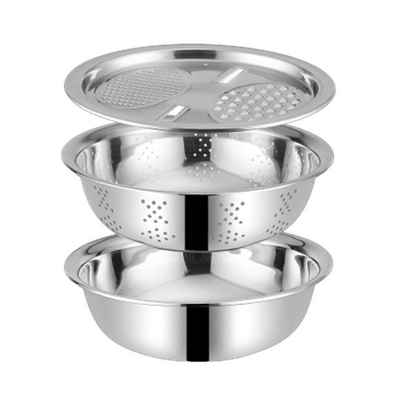 COFEST Multifunctional Stainless Steel Basin-New Three Piece Set Of Colander Filter,Salad Rotator,Fruit And Vegetable Rice Washing Filter,Basket Bowl,A,