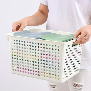 COFEST Plastic Laundry Basket， with Silvery Handle， Collection and Transport Clothing Board Laundry Basket， Suitable for Families and Dorms， Can Also Organize Toys White