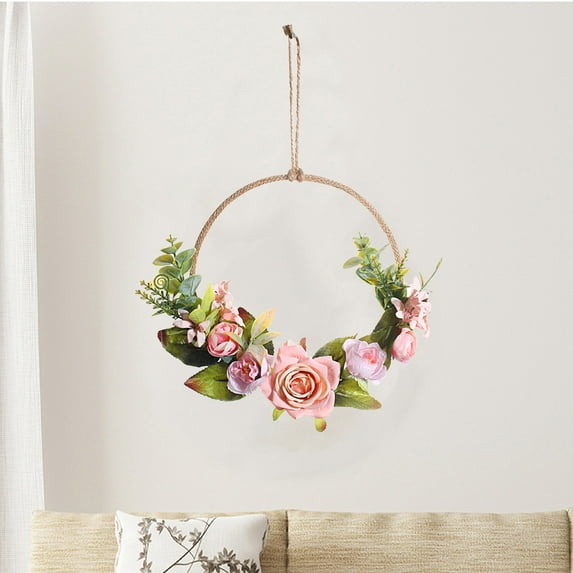 COFEST Simulation Rose Wreath Door Decor for Home, Fake Flowers Wall Hanging for Wedding Decor, Lifelike Rose Ring Ornament for Bedroom. Pink