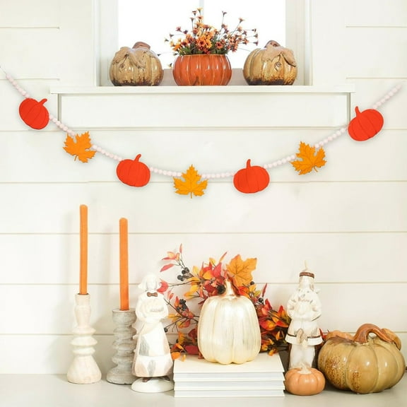 COFEST Thanksgiving Wooden Beads Garland with Pumpkin Theme, Fall Decor Orange Pumpkin Beaded Hanging Banner, Rustic Halloween Decor for Home and Doorway Orange