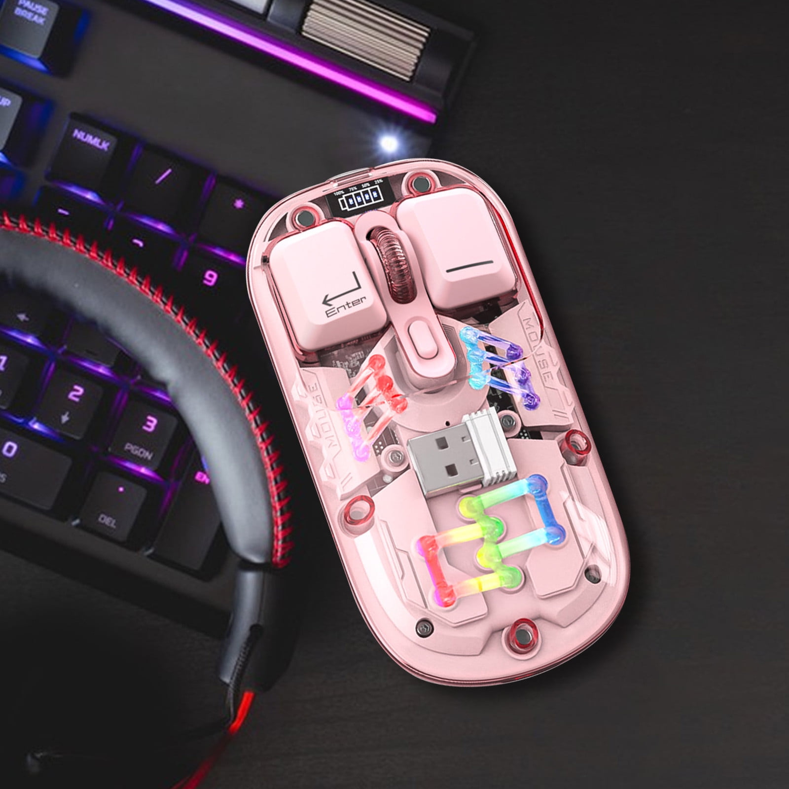 COFEST Transparent Wireless Mouse T200 with RGB Lighting, Dual-Mode 2.4G/Bluetooth 5.0 Rechargeable Mouse, Type-C Charging High-DPI Gaming Mouse T200 Pink