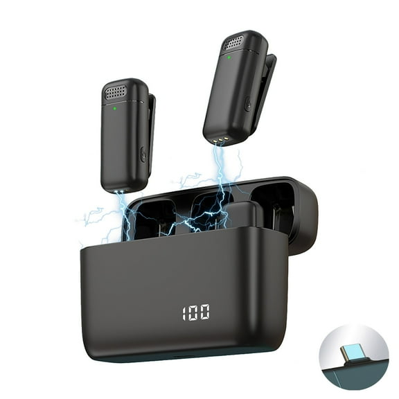 COFEST Wireless Lavalier Microphone, 2 Mini Microphones Wireless Lapel Microphone for android/IOS Video Recording, Interview, Vlog (Black) Black