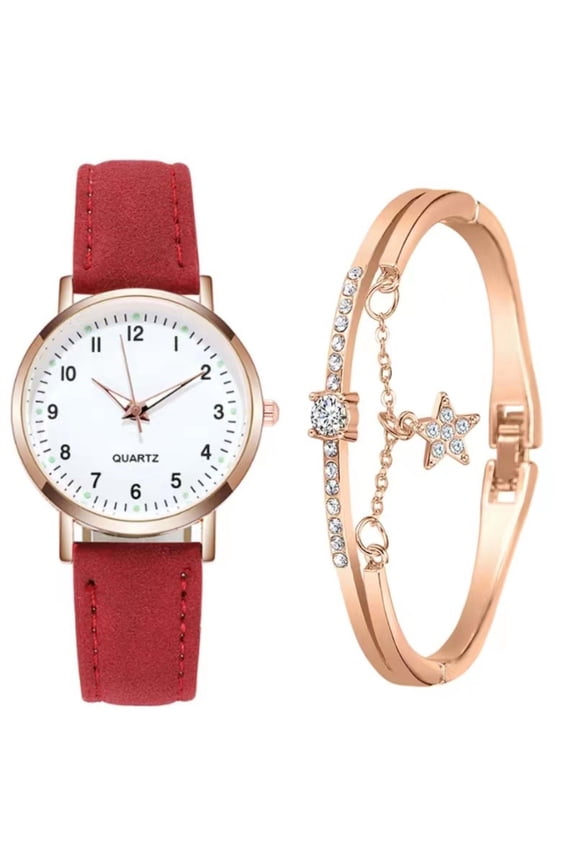 Women's Vintage Quartz Watch with Luminous Dial, Retro Round Leather Strap Watch for Women, Classic Small Women's Watch with Bracelet, Elegant Gold Case Ladies Quartz Watch Red