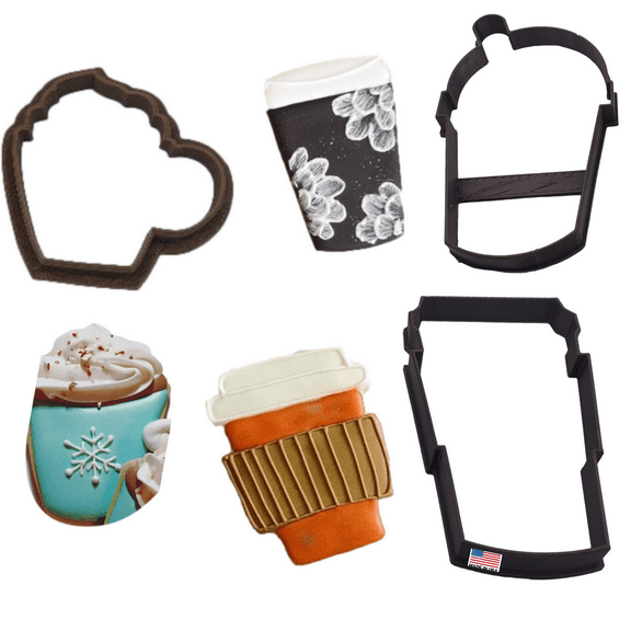 COFFEE COOKIE CUTTERS Coffee to Go Latte Iced Coffee Cappuccino Cold Brew And Hot Cocoa Chocolate Mocha With Whipped Cream Marshmallows Cookie Cutters (3 Pack)